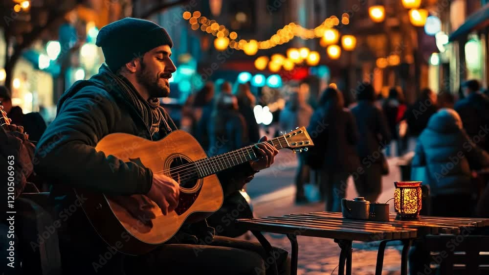 A street musician playing an acoustic guitar in a lively urban setting at night, surrounded by glowing lights and a bustling crowd