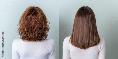 Comparison of curly and straight medium haircuts back view. Hair salon advertising
