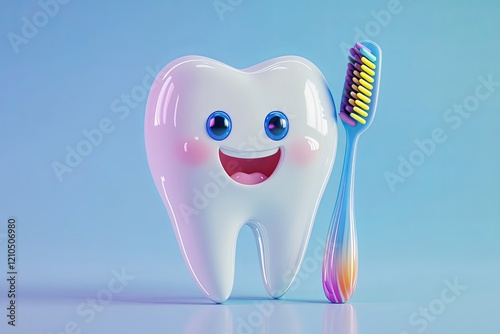 Shiny 3D white tooth with colorful toothbrush, clean and fresh dental theme, smile improvement, dentistry, orthodontics
