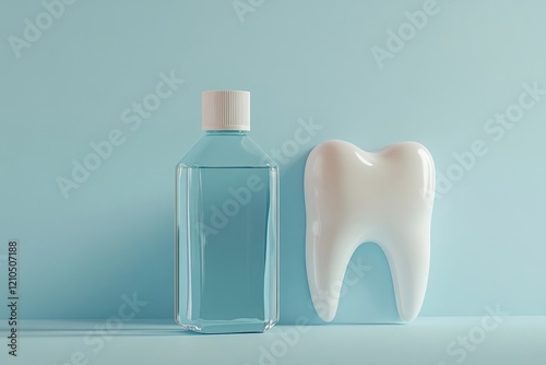Sleek mouthwash bottle next to minimalistic tooth icon, fresh dental theme, mockup