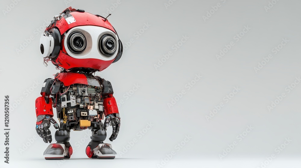 E-waste Concept Futuristic Robot with Headphones Made from Recycled E-Waste Parts against a Pure White Background E-waste Concept Futuristic Robot with Headphones Made from Recycled E-Waste Parts against a Pure White Background