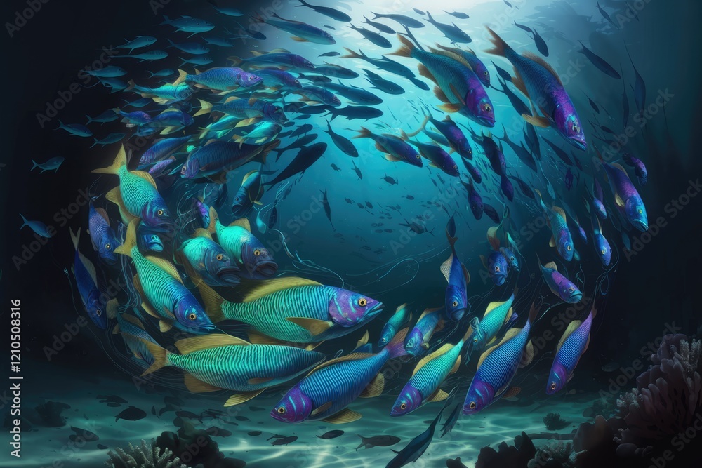 Fototapeta premium A vibrant school of iridescent fish swims in a mesmerizing underwater circle, creating a breathtaking spectacle of color and life.