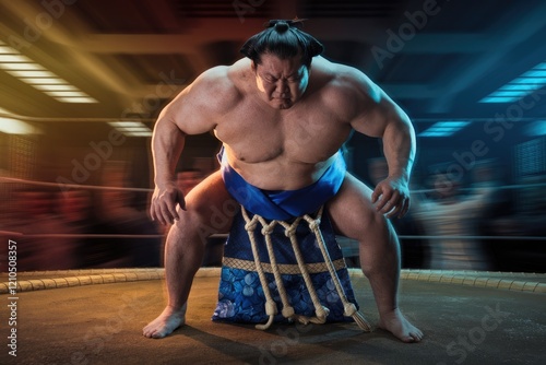 A powerful sumo wrestler, poised and ready, dominates the ring, his intense focus evident in his powerful stance. photo