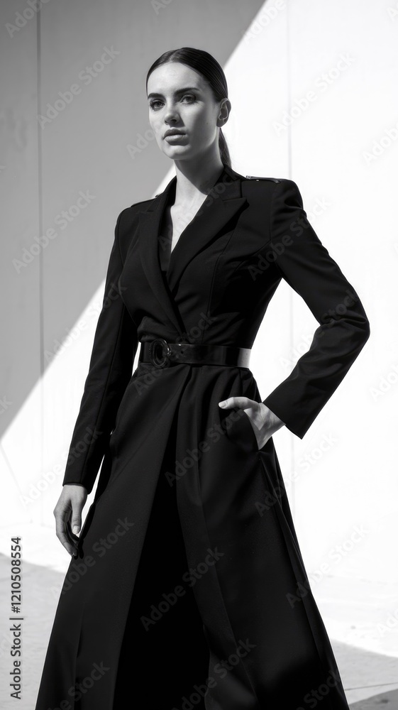 Elegant woman in a long black coat poses against a white wall, exuding sophistication and style. Elegant woman in a long black coat poses against a white wall, exuding sophistication and style.