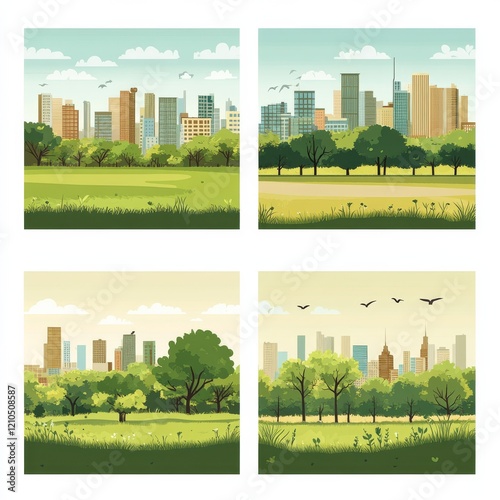 4 panels with the identical urban landscape background and changes in the foreground occurring: first panel depicts the urban environment background with lots of open grassy space, second panel is ide photo