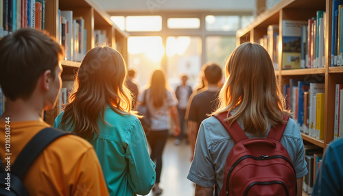 High school students exploring university library at sunset, academic future
