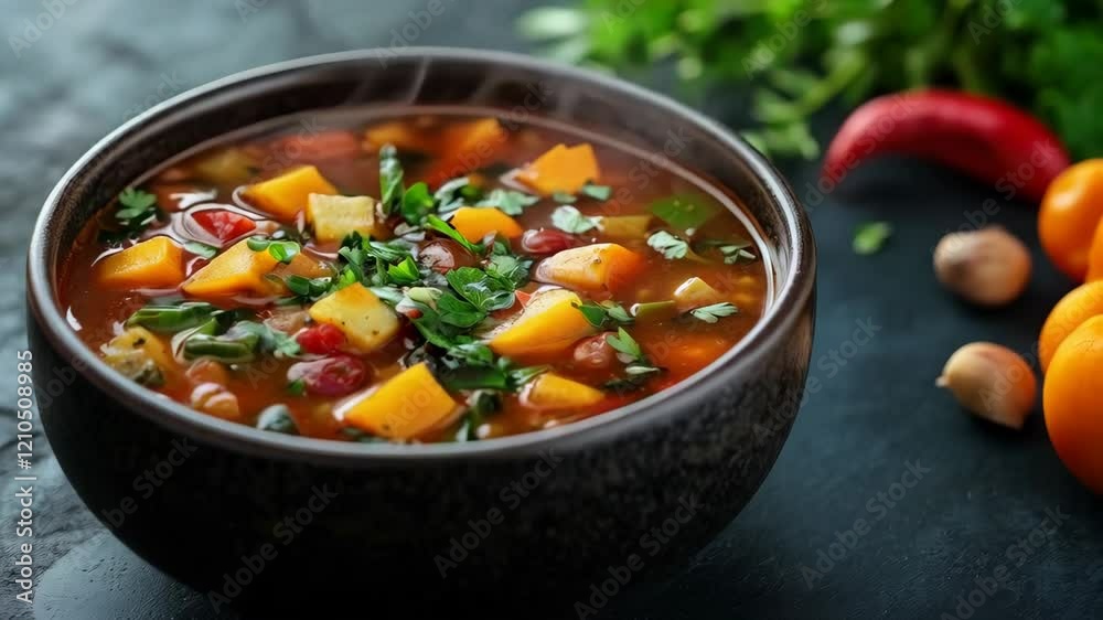 Vibrant vegetable stew simmering in rustic bowl with fresh herbs and peppers Vibrant vegetable stew simmering in rustic bowl with fresh herbs and peppers