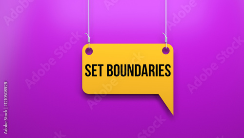 Set boundaries text on speech bubble. Hanging speech bubble and purple background