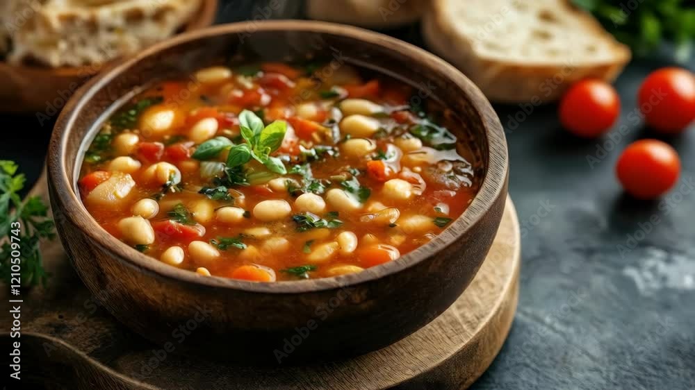 Warm homemade vegetable soup in rustic bowl with fresh bread and herbs Warm homemade vegetable soup in rustic bowl with fresh bread and herbs