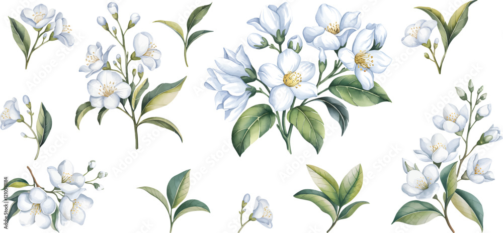 Fototapeta premium Watercolor blue floral hand drawn floral illustration isolated on white background.