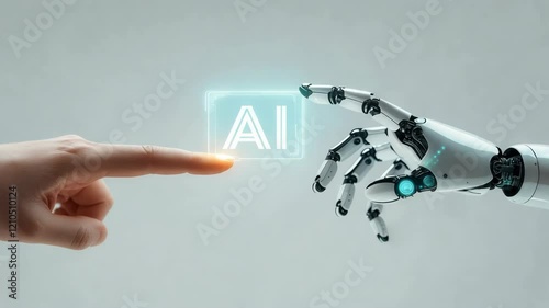 Human and robotic hand touching AI hologram
 photo