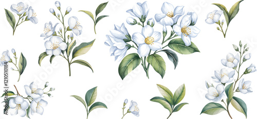 Watercolor blue floral hand drawn floral illustration isolated on white background.