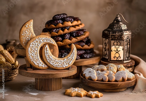 A photo of an assortment of delicate Ramadan-themed cookies, arranged on wooden stands with the crescent moon and star motifs in the background. photo