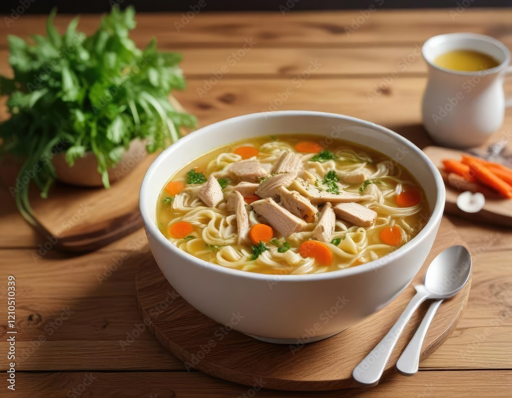A warm bowl of homemade chicken noodle soup on a wooden table , cozy atmosphere, wooden table, nourishing meal A warm bowl of homemade chicken noodle soup on a wooden table , cozy atmosphere, wooden table, nourishing meal