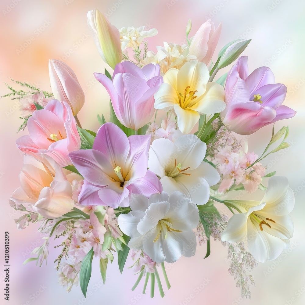 Obraz premium Elegant spring bouquet with mixed flowers featuring lilies, tulips, and pastel colors arranged beautifully