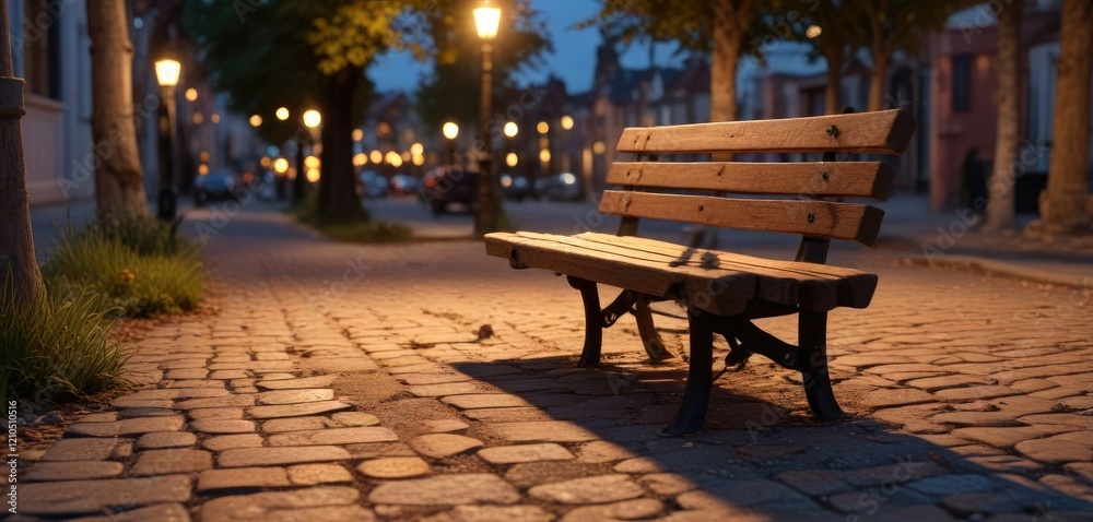 A weathered wooden bench sits alone under a streetlight's warm glow at dusk, solitude, solo, wood A weathered wooden bench sits alone under a streetlight's warm glow at dusk, solitude, solo, wood