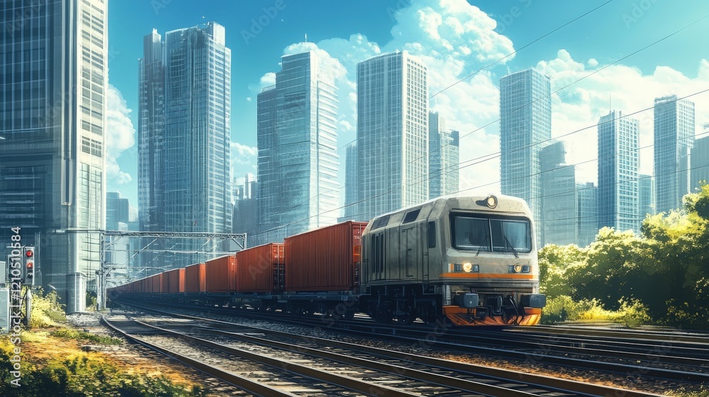 Fototapeta premium A train carrying cargo containers through a city, with urban skyscrapers in the background, showing the integration of rail transport in city logistics