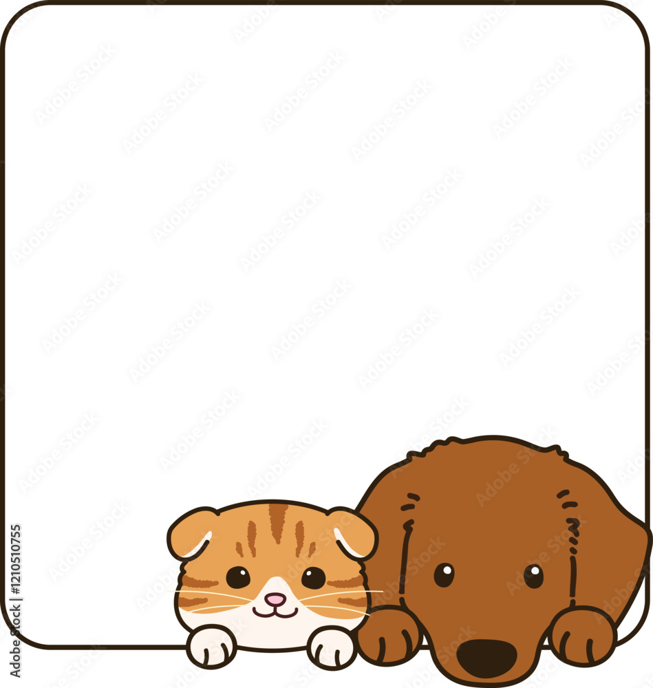 Fototapeta premium Simple and adorable Scottish Fold and Miniature Dachshund coming out of a square shape