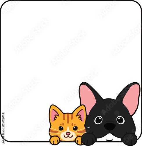 Simple and adorable orange tabby cat and French Bulldog coming out of a square shape