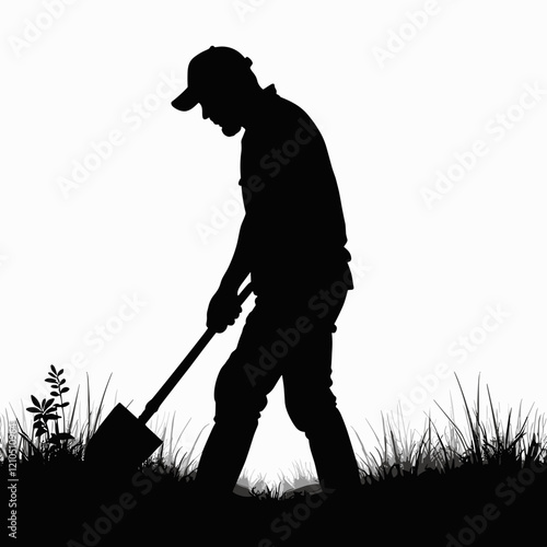 Silhouette of a gardener digging with a shovel
