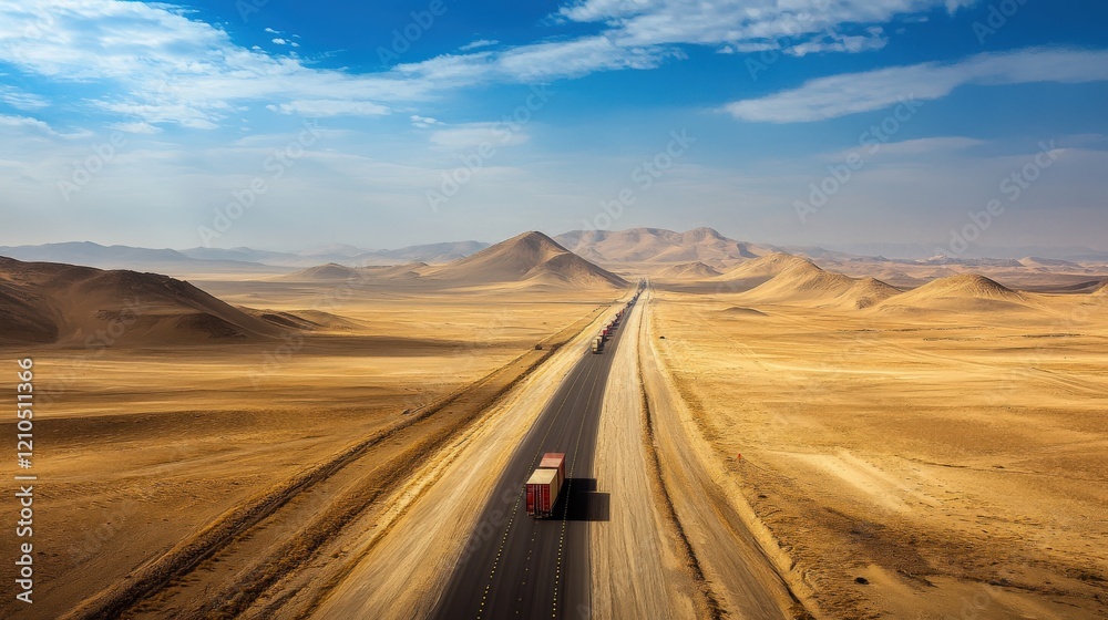 Fototapeta premium A truck convoy driving through a vast desert highway, carrying goods across long distances, with a bright blue sky and arid landscape in the background, symbolizing resilient logistics