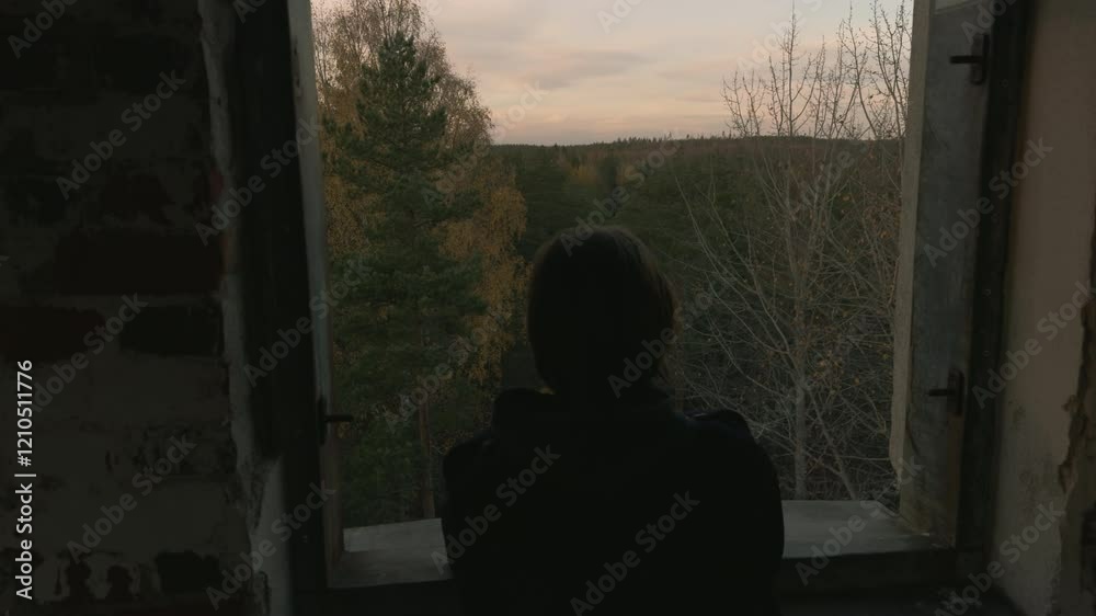 silhouette of a girl with short hair leans on a window frame in abandoned tower overlooking landscape with autumn forest. Girl looks thoughtfully into distance in daytime. Sad autumn mood slow motion silhouette of a girl with short hair leans on a window frame in abandoned tower overlooking landscape with autumn forest. Girl looks thoughtfully into distance in daytime. Sad autumn mood slow motion