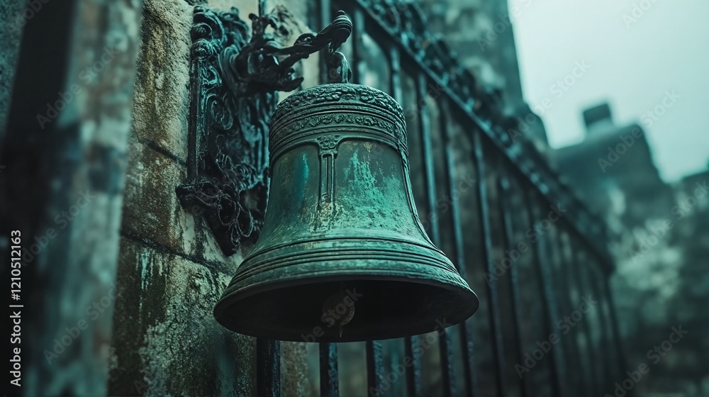Obraz premium An old bell hanging on an ornate wrought iron fence attached to a stone wall.