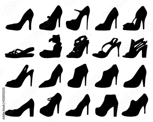 Black silhouettes of women shoes on white background