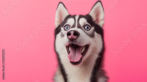 a husky with blue eyes and its mouth open on a pink background. photo