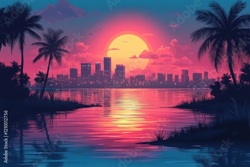 City skyline at sunset, palm trees framing a vibrant scene reflected on calm water.