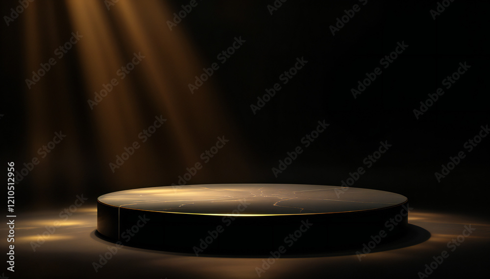 a round podium under a spotlight. The setting is dark with light beams enhancing the platform a round podium under a spotlight. The setting is dark with light beams enhancing the platform