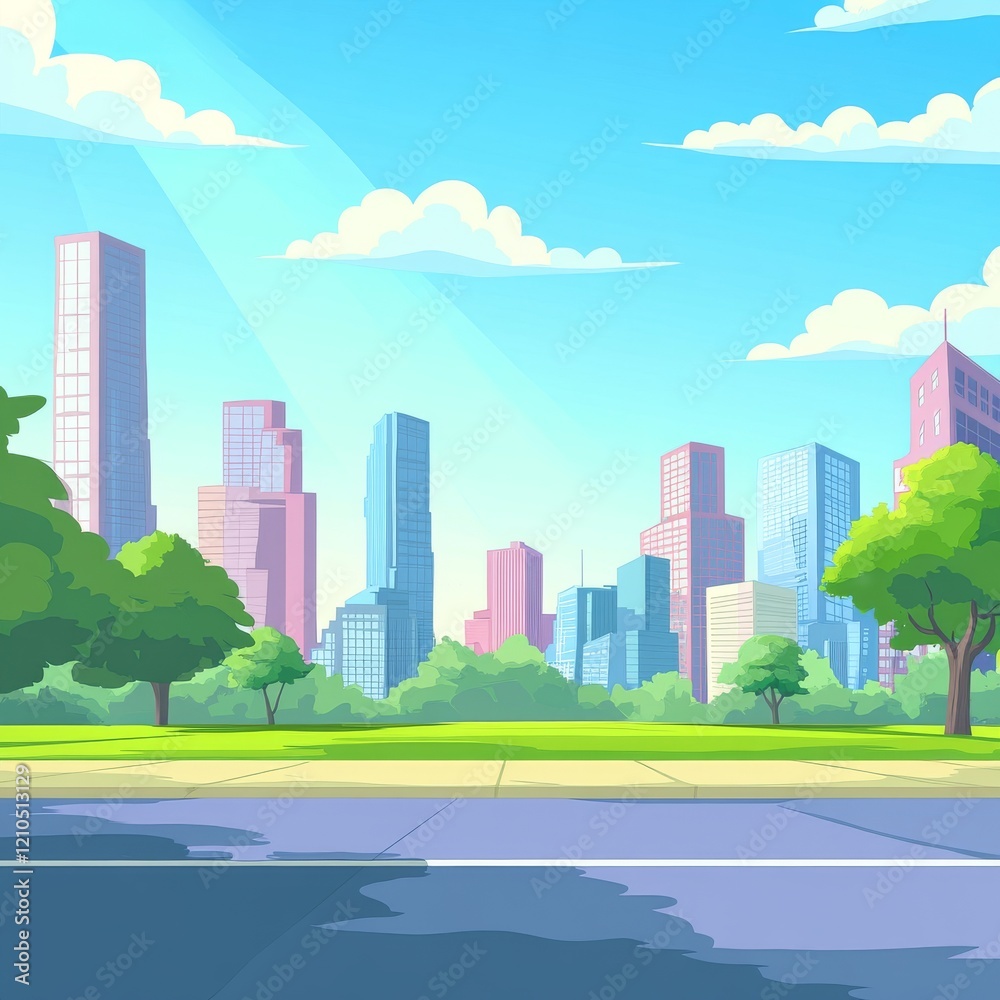 Obraz premium A cartoon city skyline with skyscrapers and a green park on the side of the road, a flat design illustration in a vector style, with simple shapes, colorful and cute, in a cartoonish style, high resol
