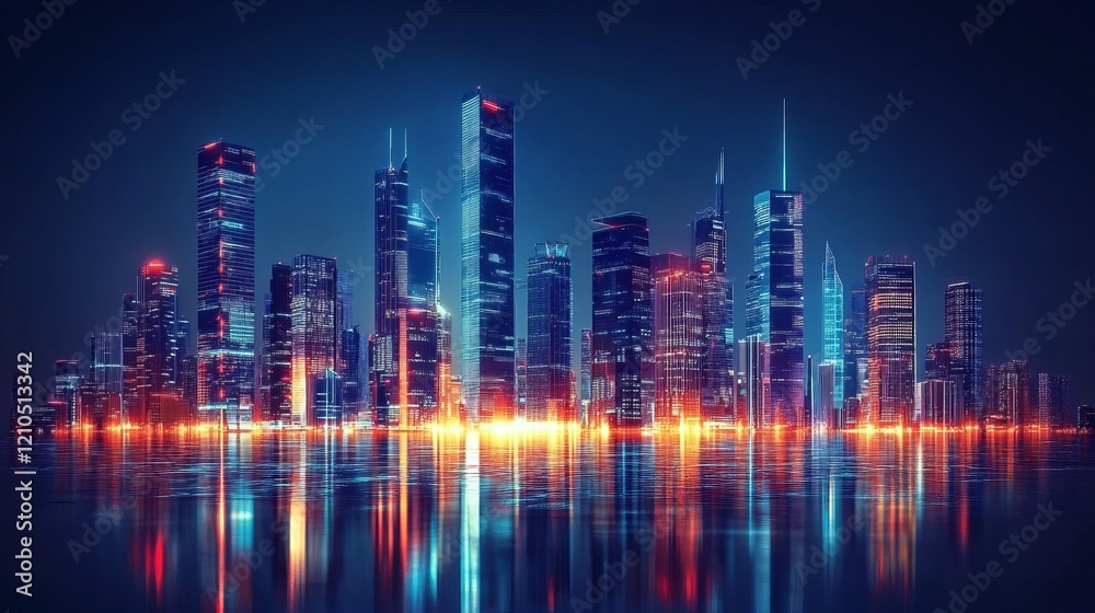 Futuristic city skyline at night with glowing lights, vibrant and high-tech, dynamic and sleek, abstract and powerful, detailed and rich, cyberpunk aesthetic Futuristic city skyline at night with glowing lights, vibrant and high-tech, dynamic and sleek, abstract and powerful, detailed and rich, cyberpunk aesthetic