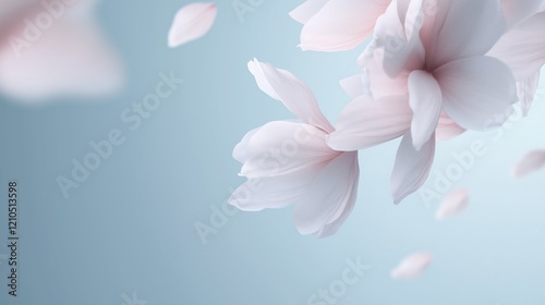 Delicate translucent petals float gracefully in soft pastel hues, surrounded by glowing particles, mirroring the gentle touch of skincare beauty.