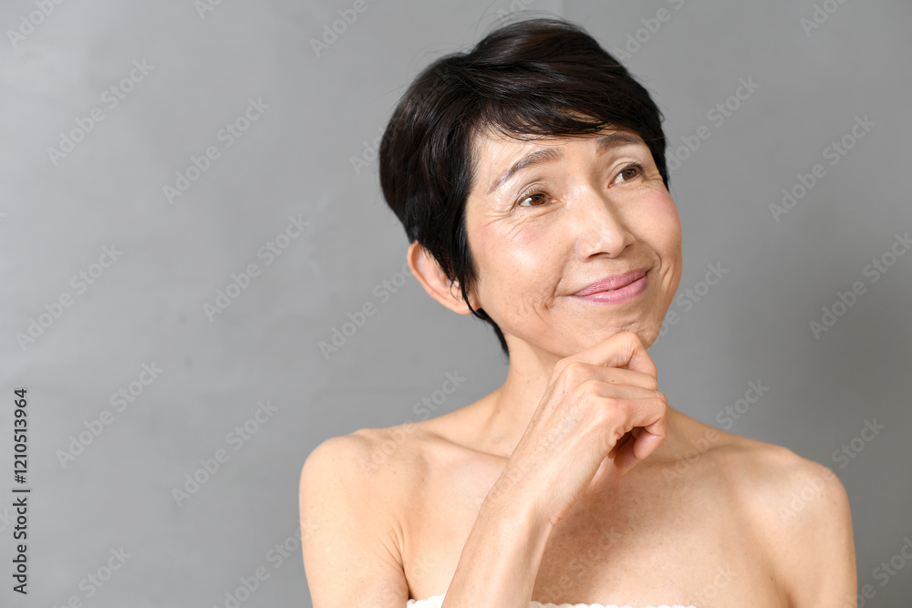 Obraz premium 考え中の中高年のアジア人女性のスキンケア