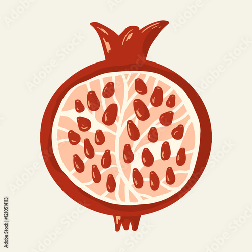 Juicy pomegranate cut with pits. Handmade in doodle style. Bright ripe pomegranate for culinary prints, textiles, and logos.