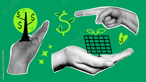 Retro collage the concept of ESG - Environmental, social, and corporate governance. Green business and technology set.