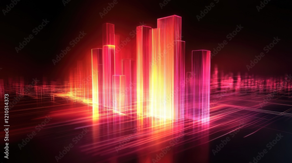 An artistic representation of a D bar chart with glowing bars and dynamic lighting effects, emphasizing the data visualization in a futuristic style. An artistic representation of a D bar chart with glowing bars and dynamic lighting effects, emphasizing the data visualization in a futuristic style.