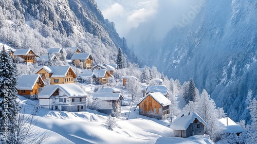 A small village nestled in the mountains covered in snow. photo