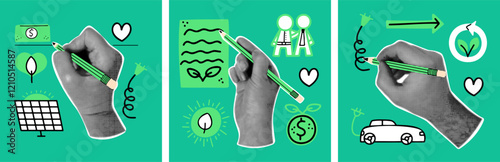Retro collage the concept of ESG set. Green sustainable and environmental business vector design