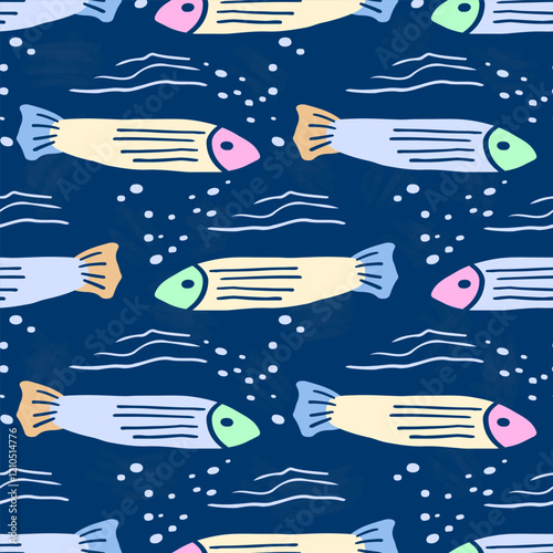 Seamless pattern with sea fish, abstract ornament with blue background. A set of hand-painted flat fish in doodle style, bright fish underwater. Textile fashionable print for the nursery.