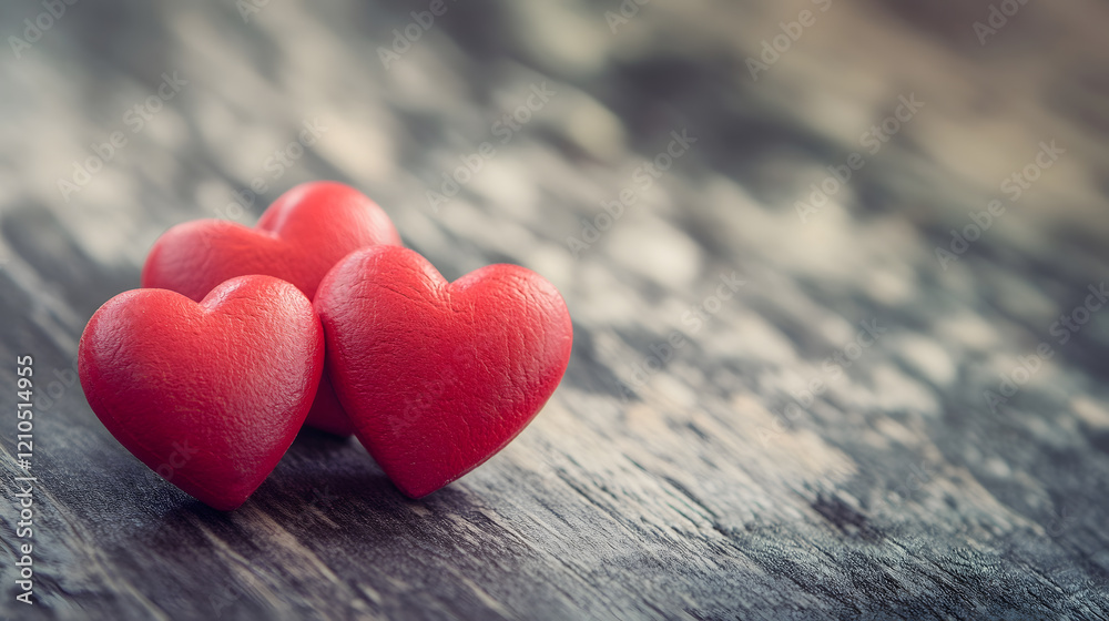 Fototapeta premium Three Red Heart Shaped Cushions on Rustic Wooden Surface for Romantic Settings : Generative AI
