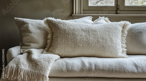 Cream textured pillows on sofa, window background, home decor photo