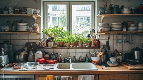 A cluttered and dirty kitchen with dishes piled up on countertops and shelves, featuring white tiles, wooden cabinets, and a double sink. photo