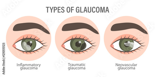Types of glaucoma. Eyes with glaucoma. Inflammatory, neovascular, traumatic glaucoma. Medical infographic banner