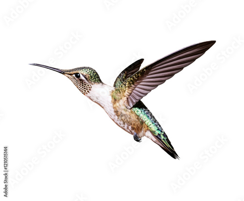 A hummingbird in flight, showcasing its tiny, swift wings and sparkling feathers, against a transparent background.