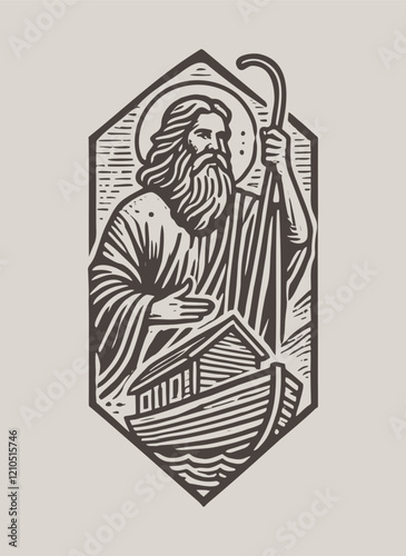 Vintage Noah's Ark engraving in brown monochrome, vector line art	
