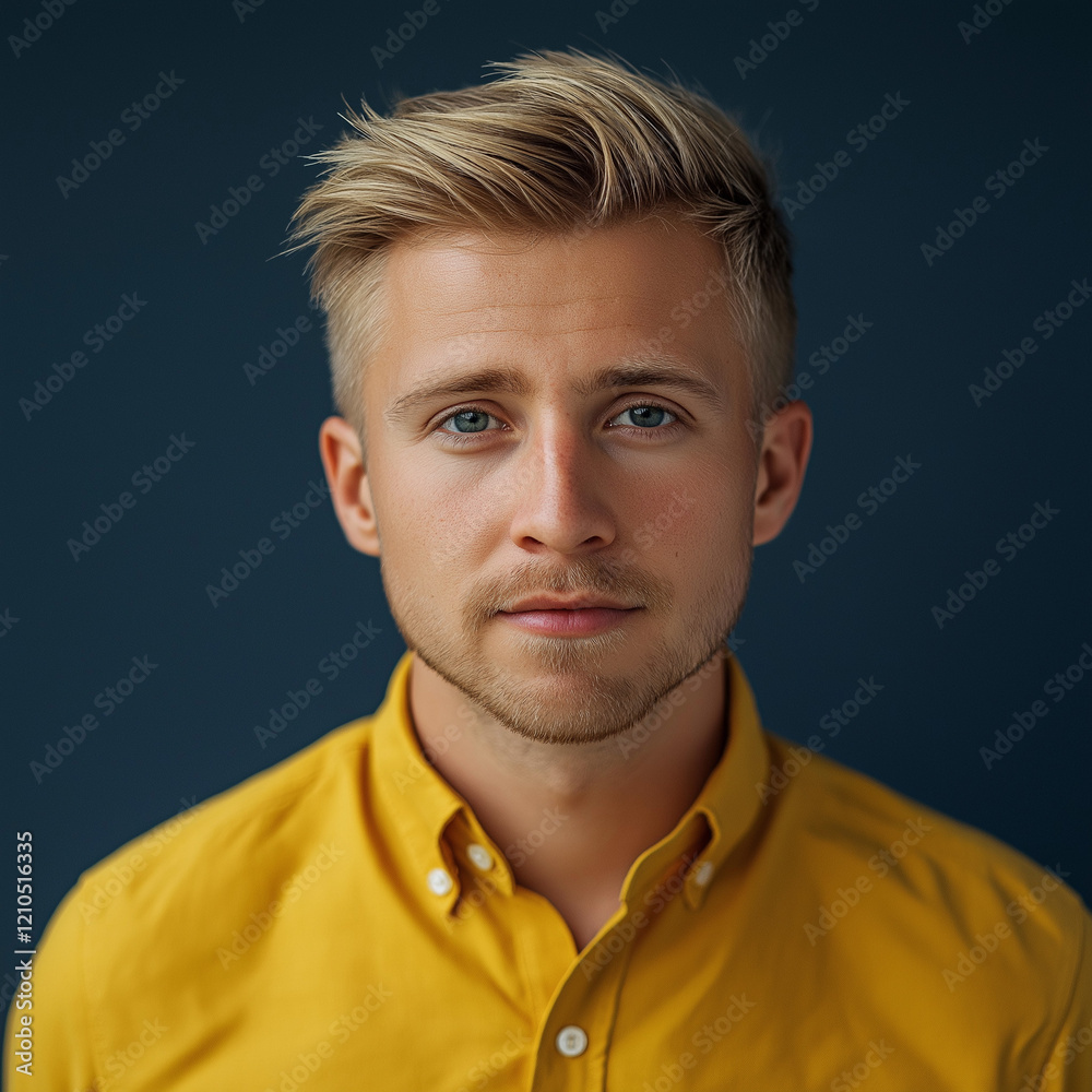 Fototapeta premium Portrait of a young man with blonde hair in a yellow shirt indoor studio photography calm environment close-up view personal reflection