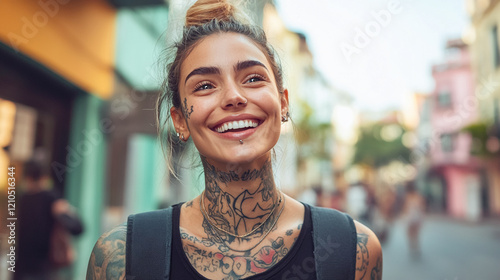 Young hipster woman with tattoo on neck and face outside. 