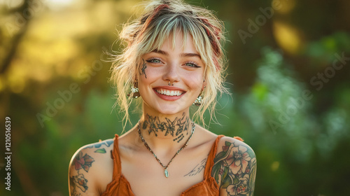 Young hipster woman with tattoo on neck and face outside. 
